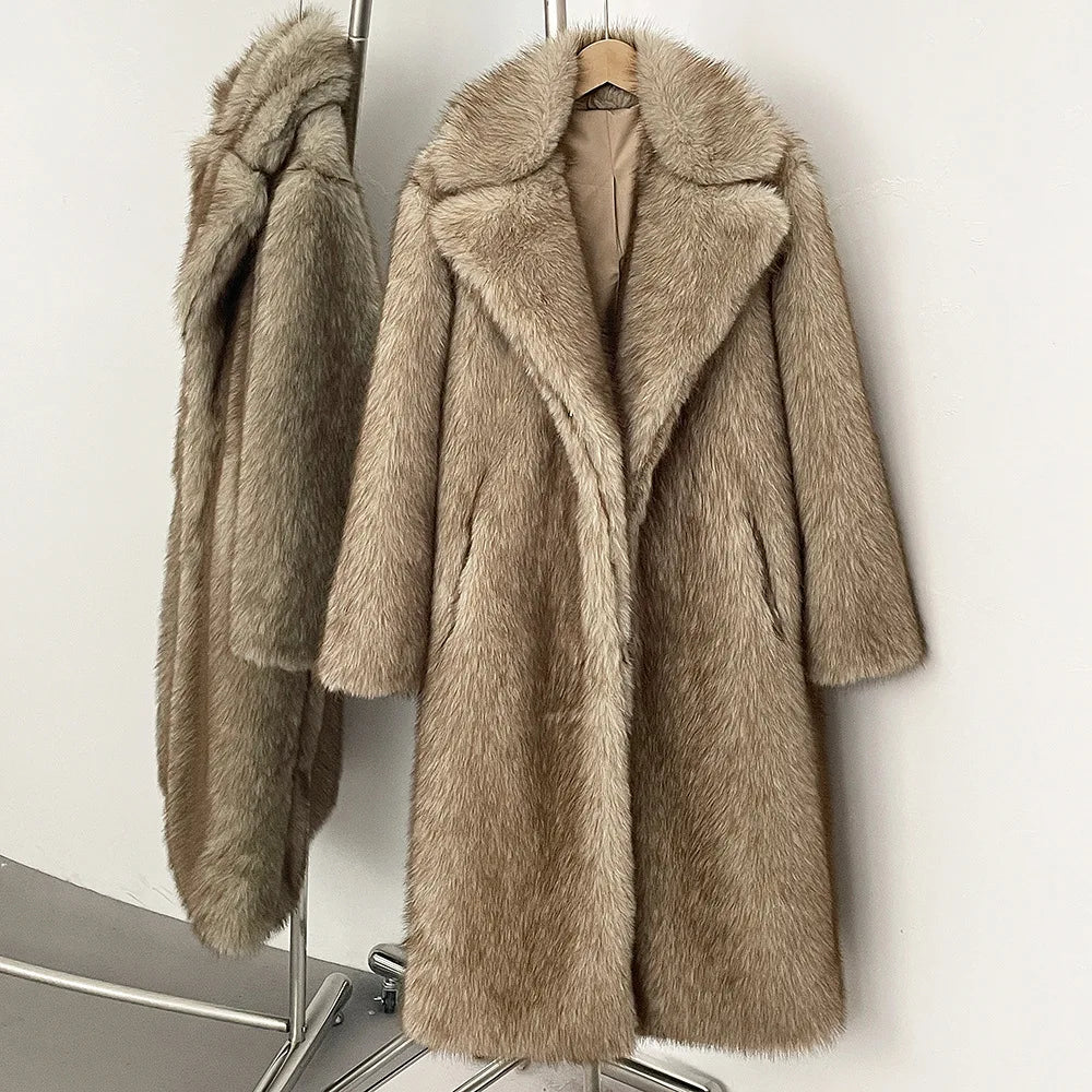 High Quality Long Length Woolen Faux Fur Coat