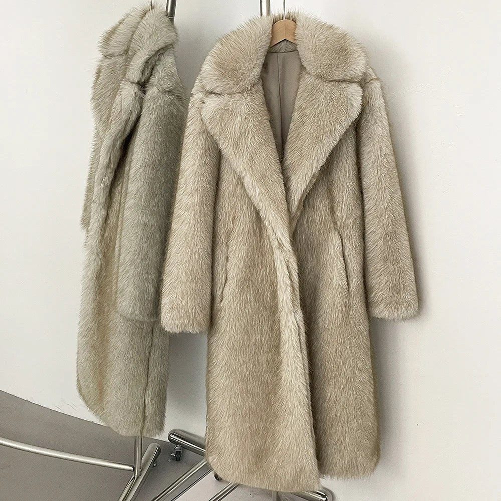 High Quality Long Length Woolen Faux Fur Coat